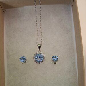 NEW Blue Topaz & CZ silver pendant and earring set